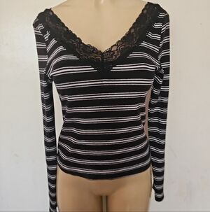 Heart Hips Black and White Striped Lace V-Neck Top